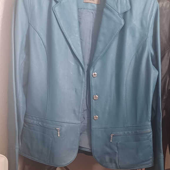 Blue leather jacket sz 10 - Picture 3 of 3